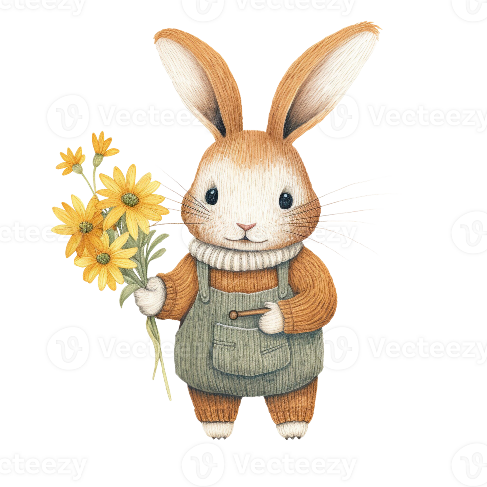 Cute Rabbit watering flower,watercolor style,Autumn season.Created with Generative AI technology. png