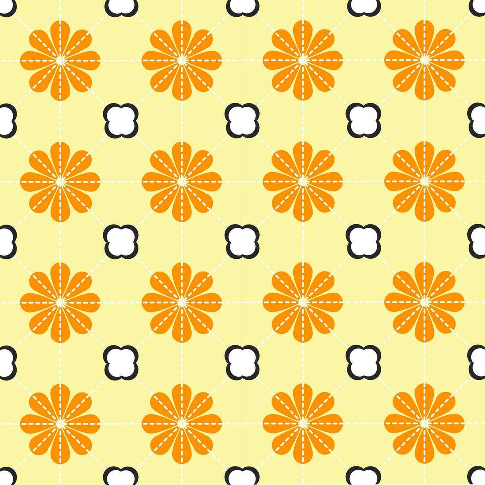 Yellow and tiny black and white flowers pattern. Vector seamless background