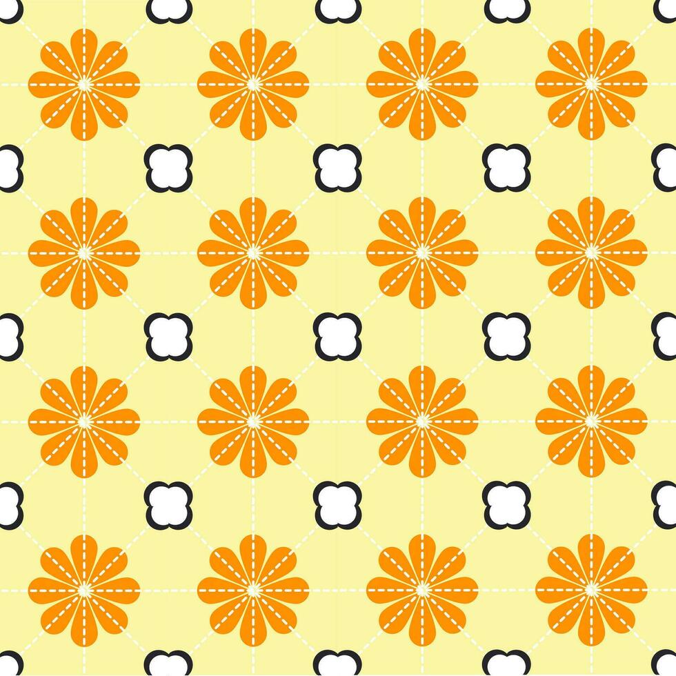 Yellow and tiny black and white flowers pattern. Vector seamless background