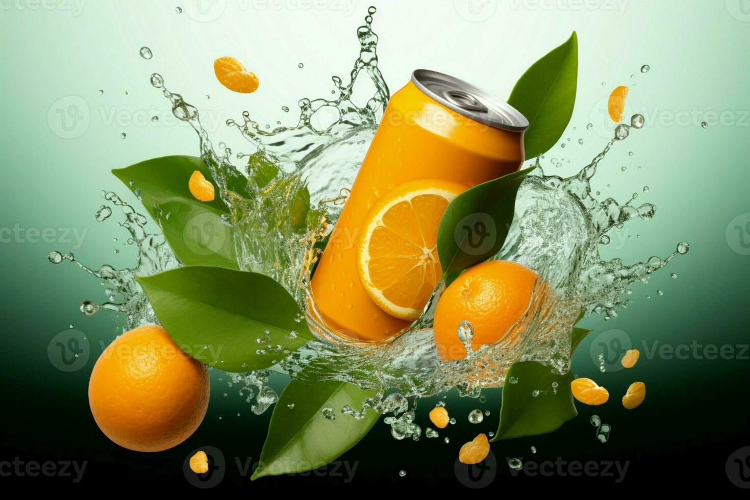 Juicy oranges, green leaves, and a falling aluminum soda can in motion AI Generated photo