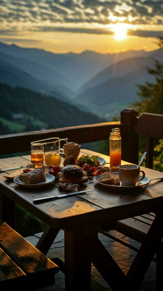 Hutte in Tirol Alm offers a serene sunrise breakfast on its wooden patio Vertical Mobile Wallpaper AI Generated photo