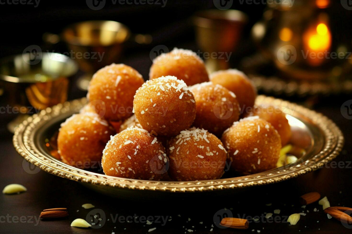 Traditional charm Motichoor ladoo, a classic Indian sweet, embodies nostalgic flavors AI Generated photo