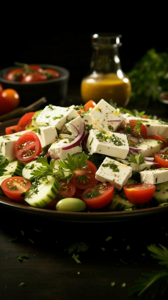 Mediterráneo deleitar, queso feta queso adornado griego ensalada descansa en el mesa vertical móvil fondo de pantalla ai generado foto