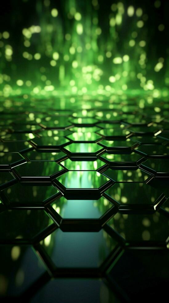 Luminous green hexagonal background in a futuristic digital environment. Vertical Mobile Wallpaper AI Generated photo