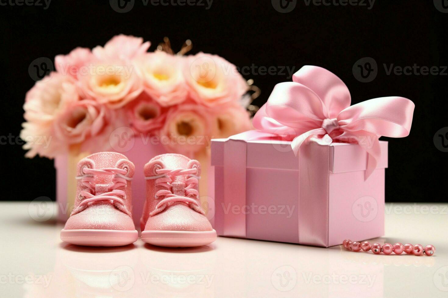 Pink baby boots and pacifier make charming gifts on a blank postcard AI Generated photo