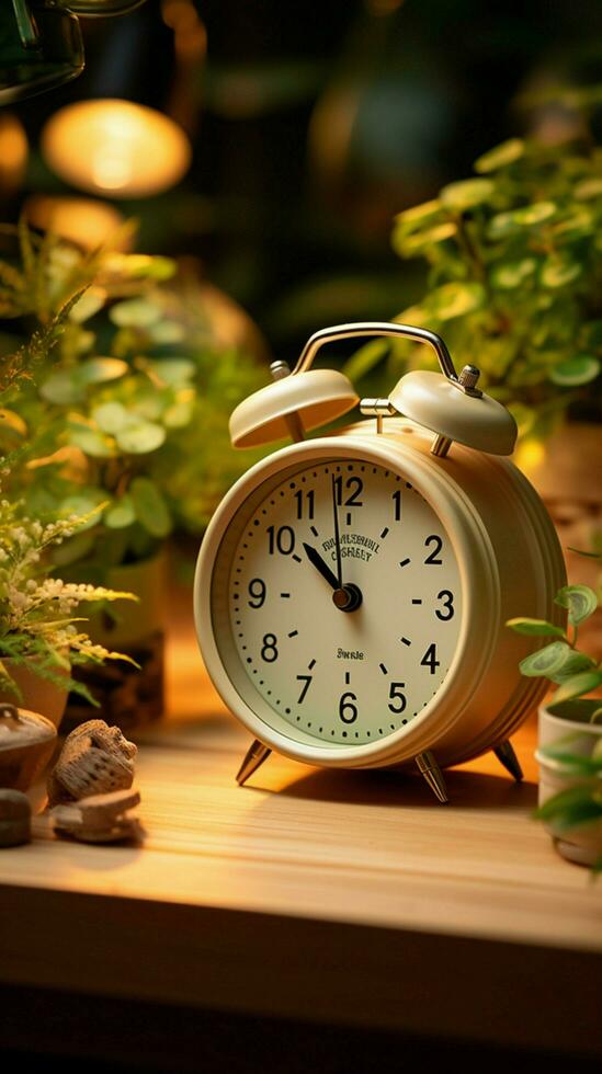 Retro alarm clock and greenery create a charming wooden table display Vertical Mobile Wallpaper AI Generated photo
