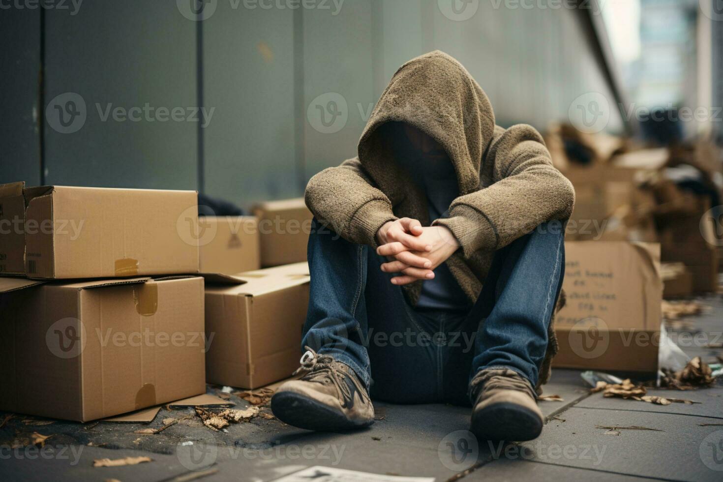 A despondent man conceals his face while sitting on a cardboard, expressing hopelessness AI Generated photo