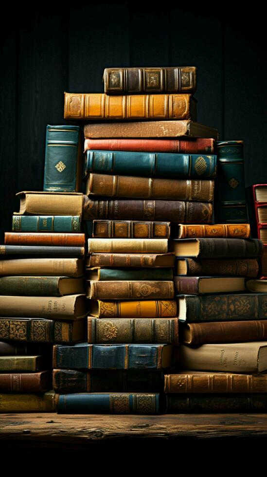 Literary treasure trove A stack of books beckons at the bookstore Vertical Mobile Wallpaper AI Generated photo