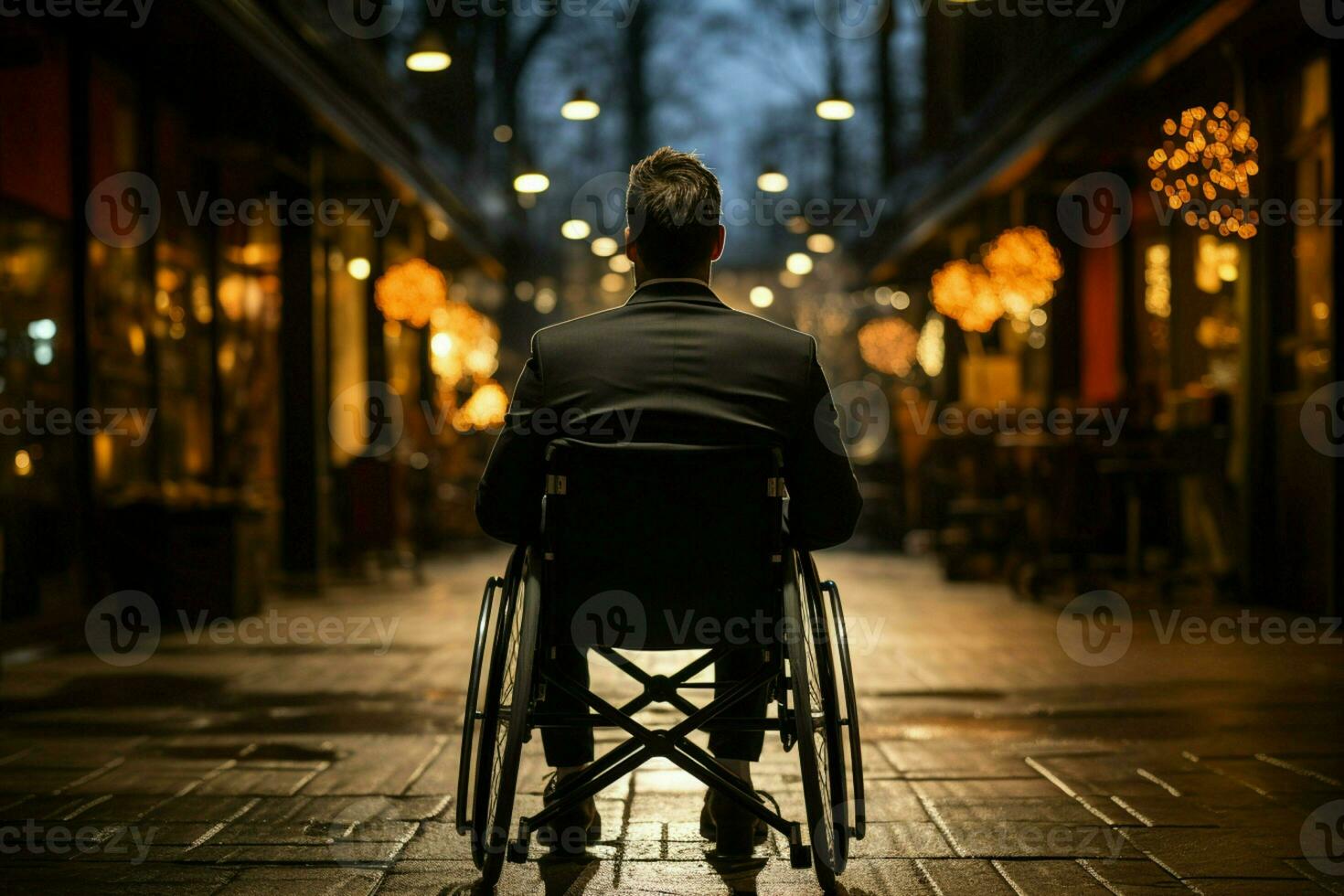 Rear view captures wheelchair user engaged in outdoor basketball, embodying resilience AI Generated photo