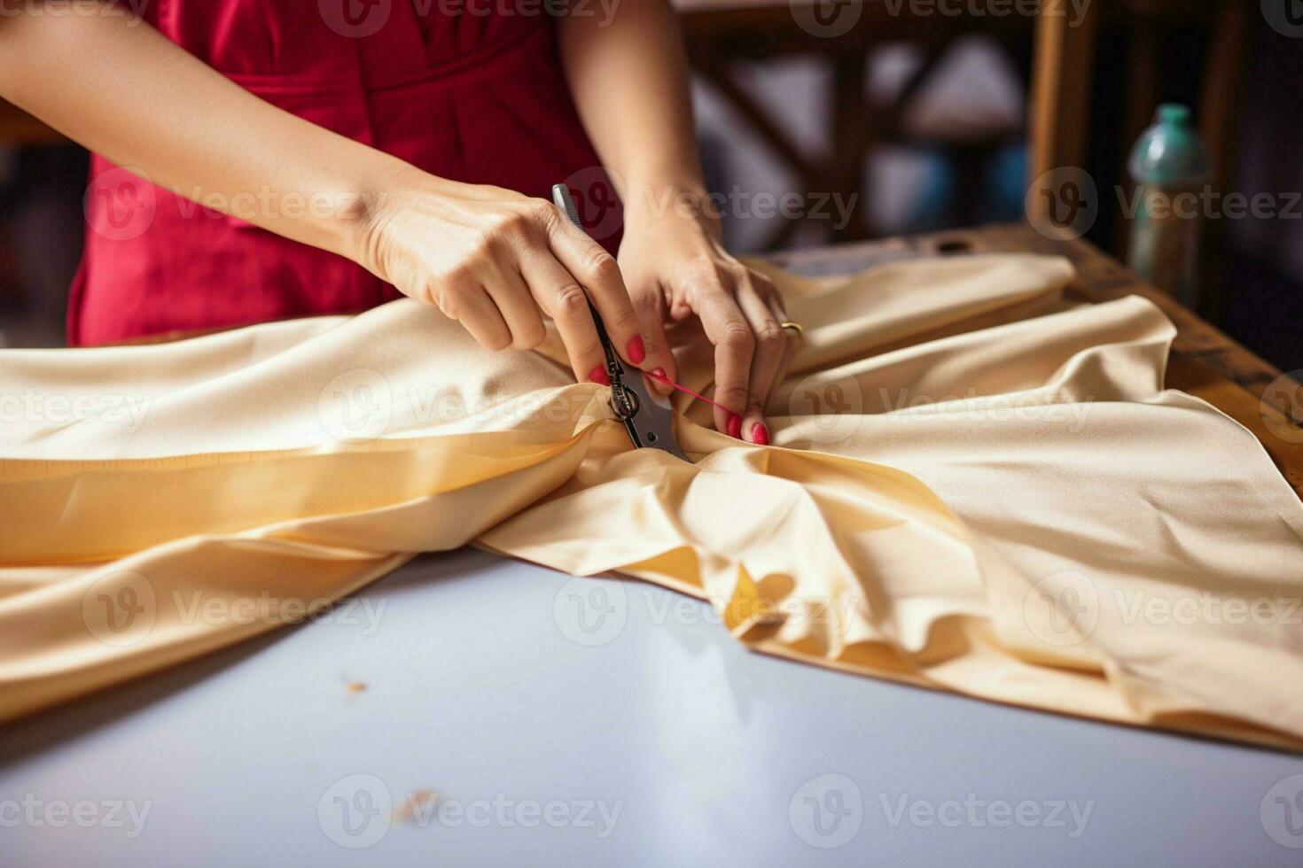 manos de un costurera haciendo preciso cortes en tela en un taller ai generado foto