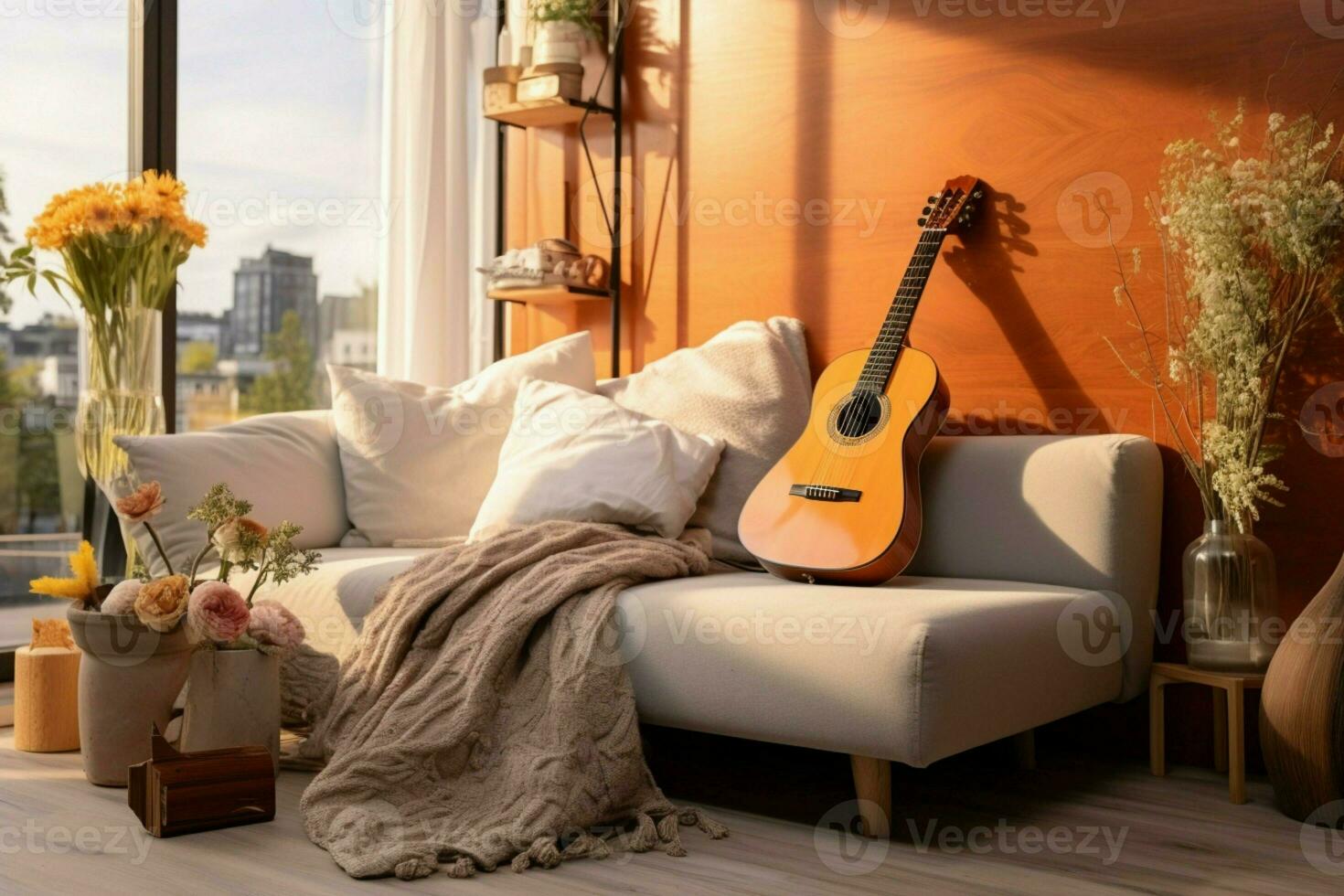 acogedor modernidad define el vivo habitación, dónde un guitarra agrega personaje. ai generado foto