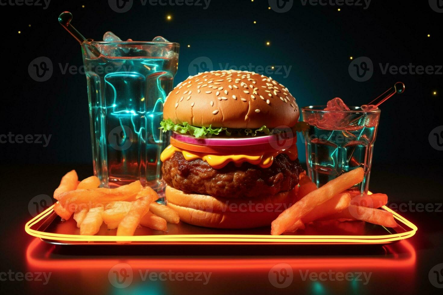 Vibrant neon burger and soda cup in message frame evoke mouthwatering cravings. AI Generated photo