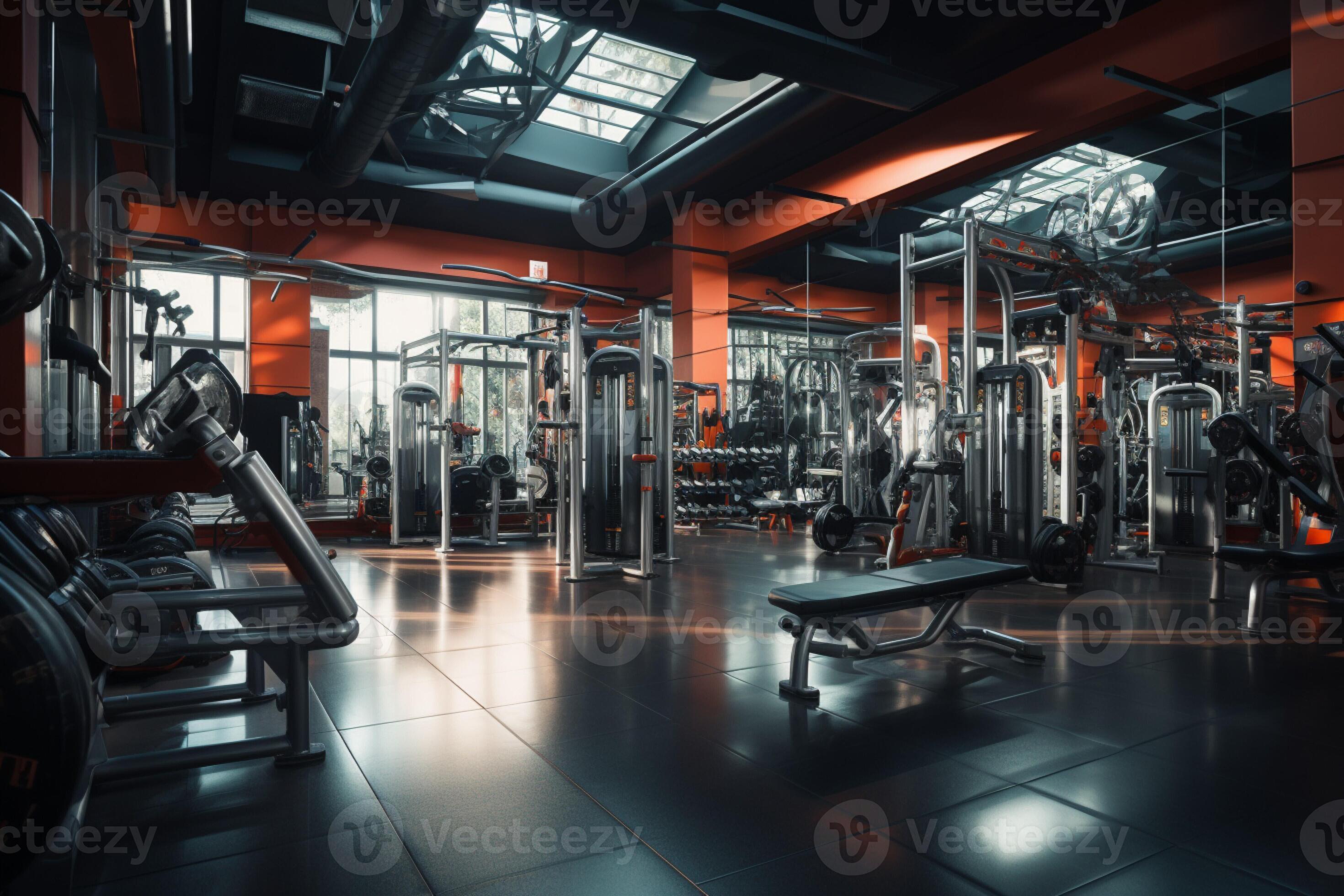 The interior of a gym adorned with a variety of fitness equipment AI