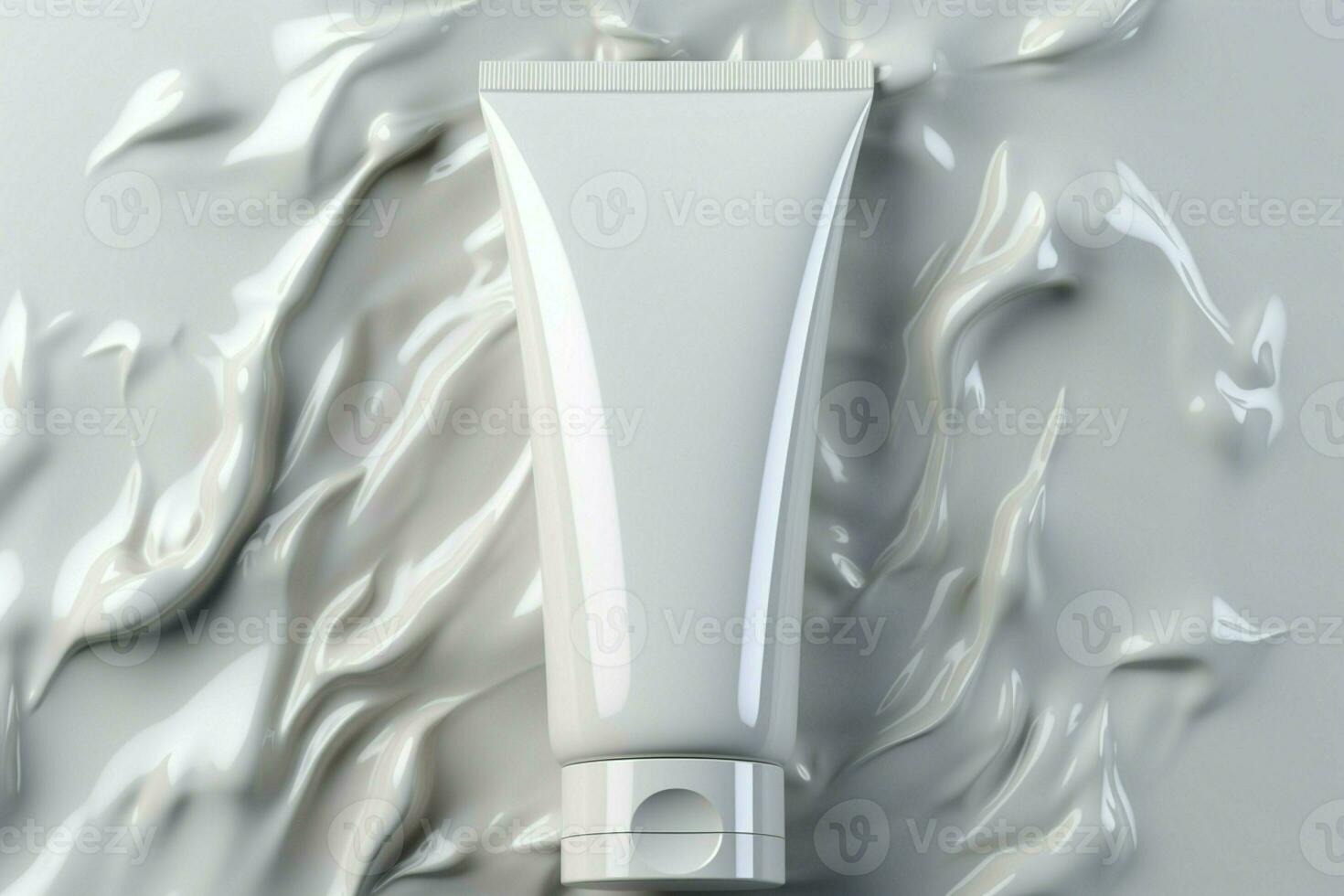 Chic minimalism Cream splash accents a pristine blank white cosmetic tube AI Generated photo