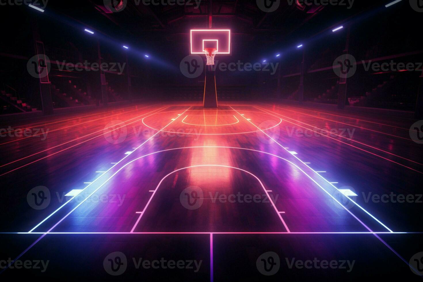 Vivid 3D sports arena Neon lit basketball court showcased from the side AI Generated photo