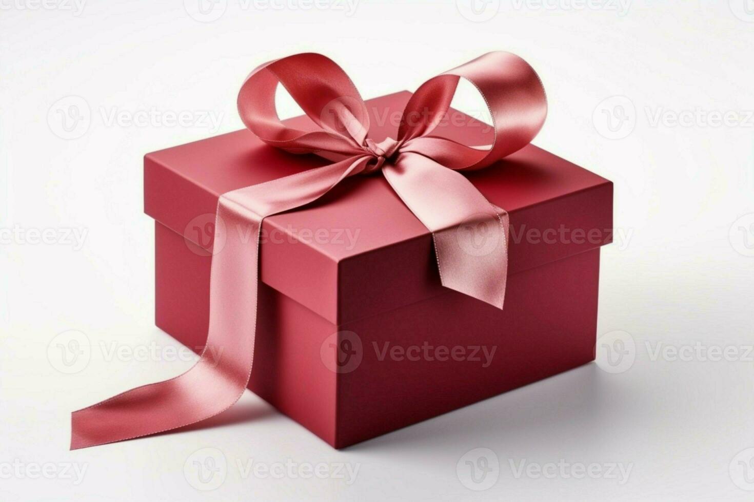 Unveiled red gift box with ribbon, alone on clean white isolation. AI Generated photo