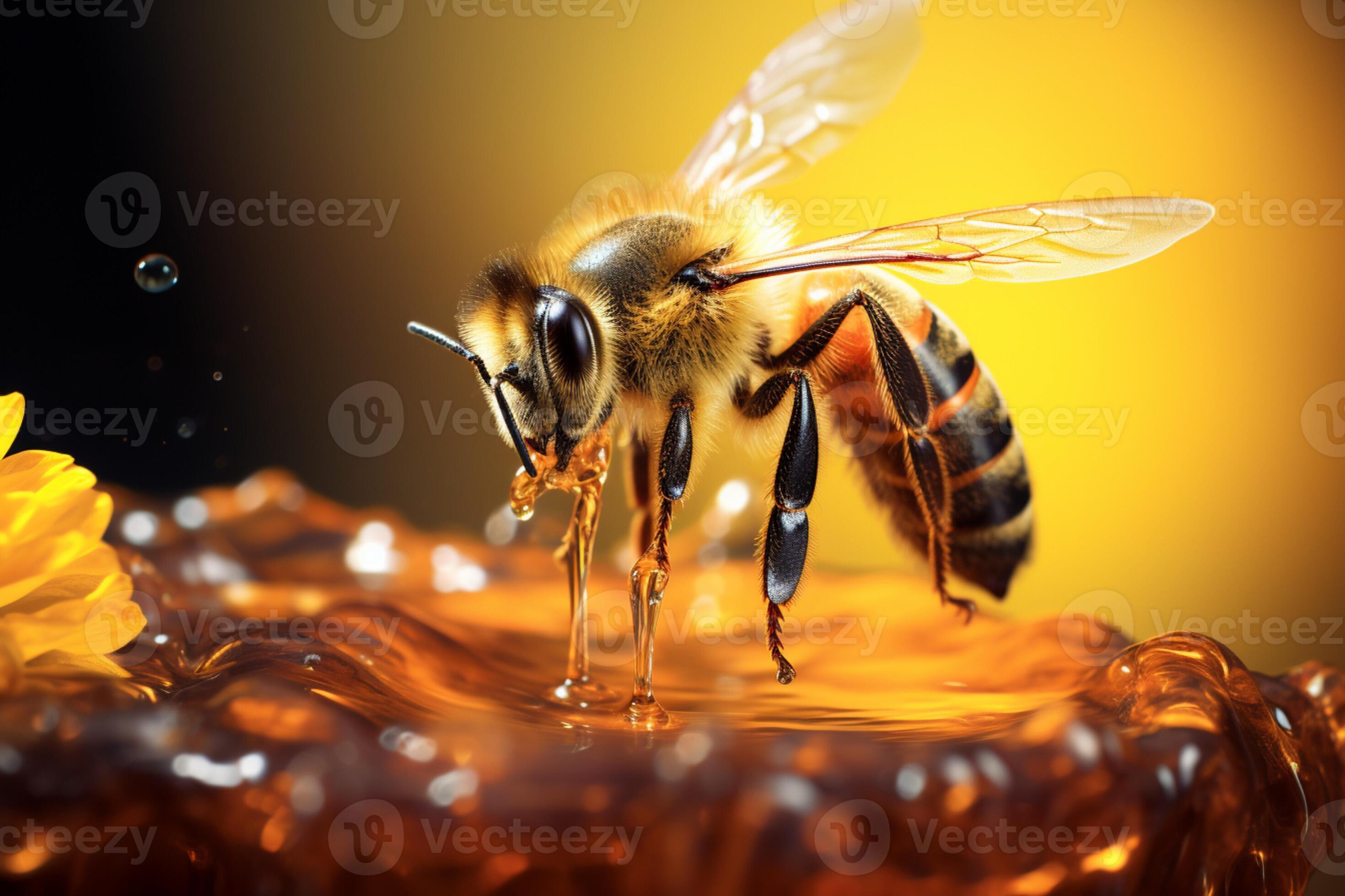 In flight, a bee graces a jar, honey glistening in delicate drops AI Generated 29329197 Stock