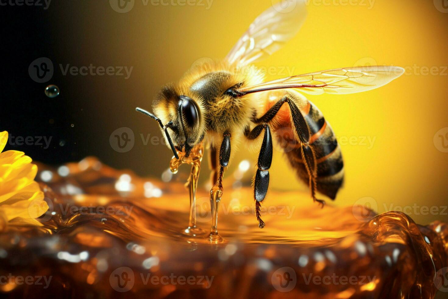 In flight, a bee graces a jar, honey glistening in delicate drops AI Generated photo