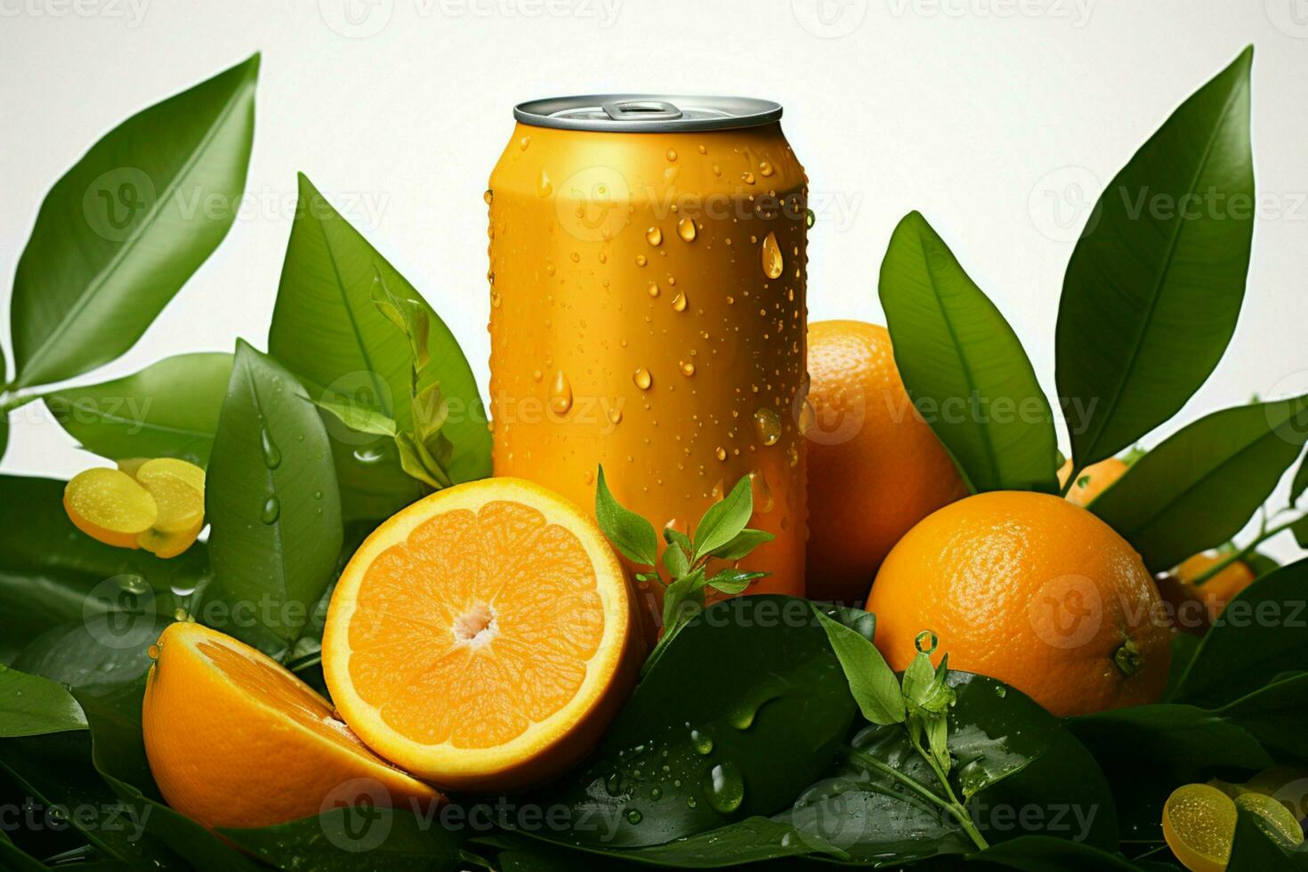 Fruitful display aluminum soda can descends amid juicy oranges and lush leaves AI Generated photo