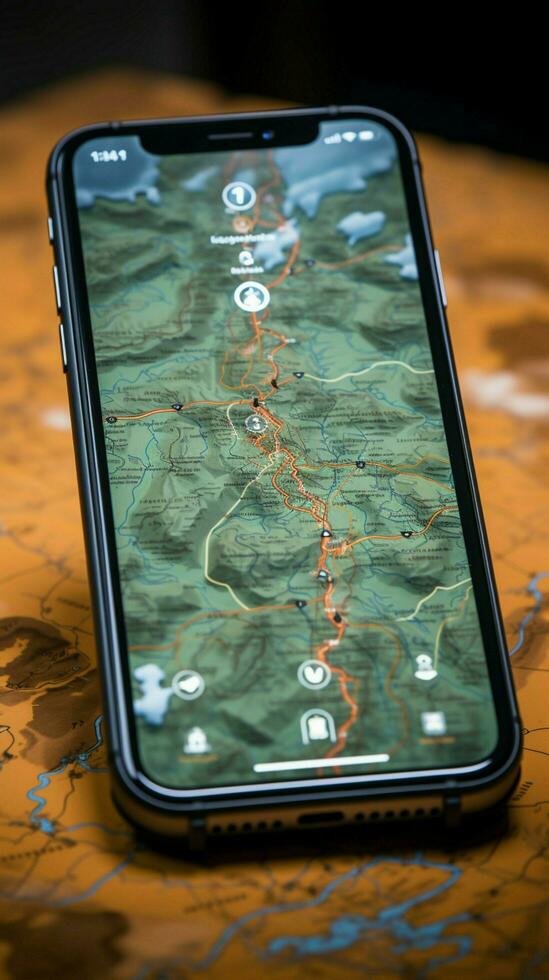 Travel assistance, phone s GPS navigator shows the route on a map Vertical Mobile Wallpaper AI Generated photo