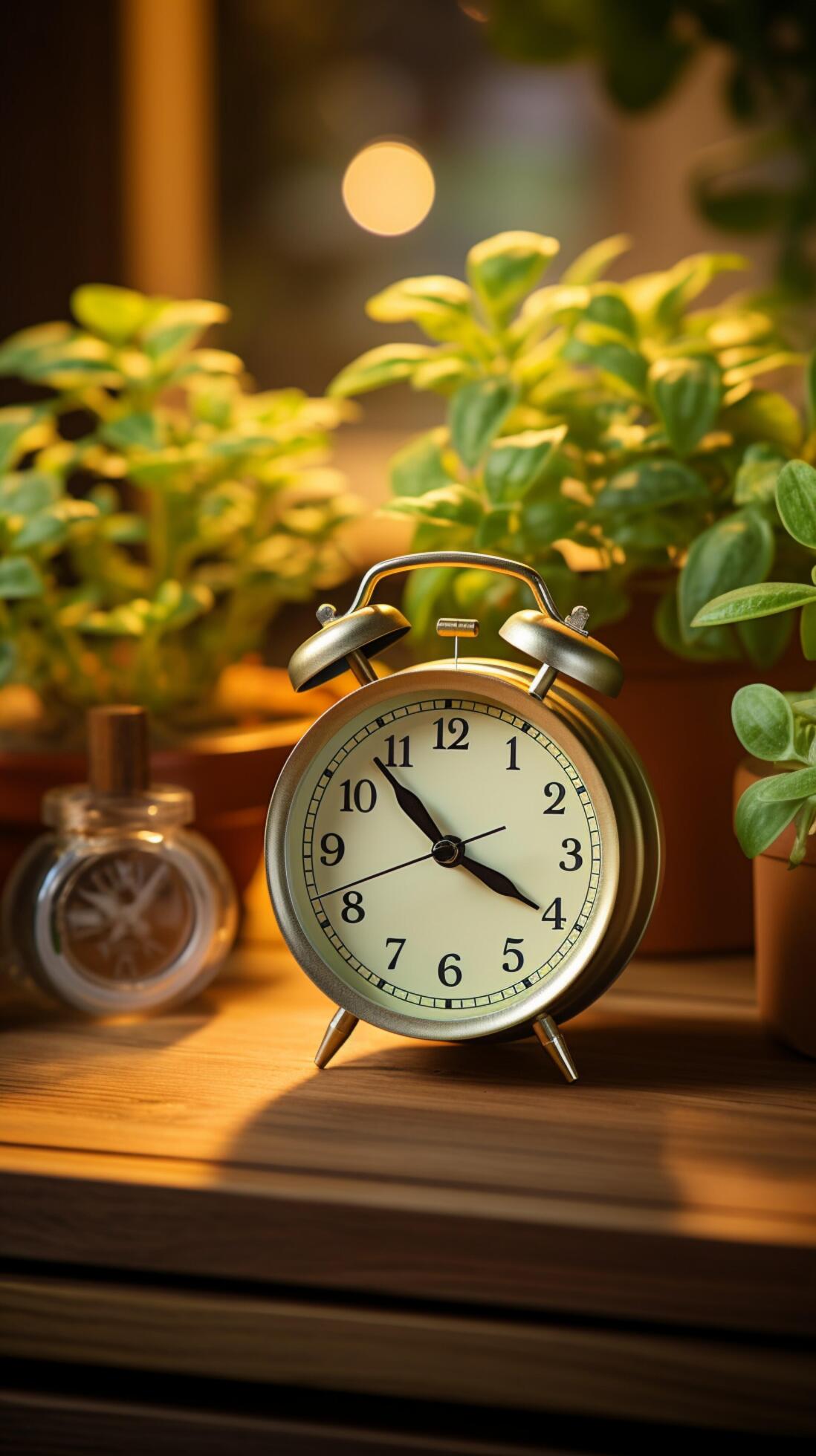 Vintage alarm clock and houseplant decorate rustic wooden tabletop
