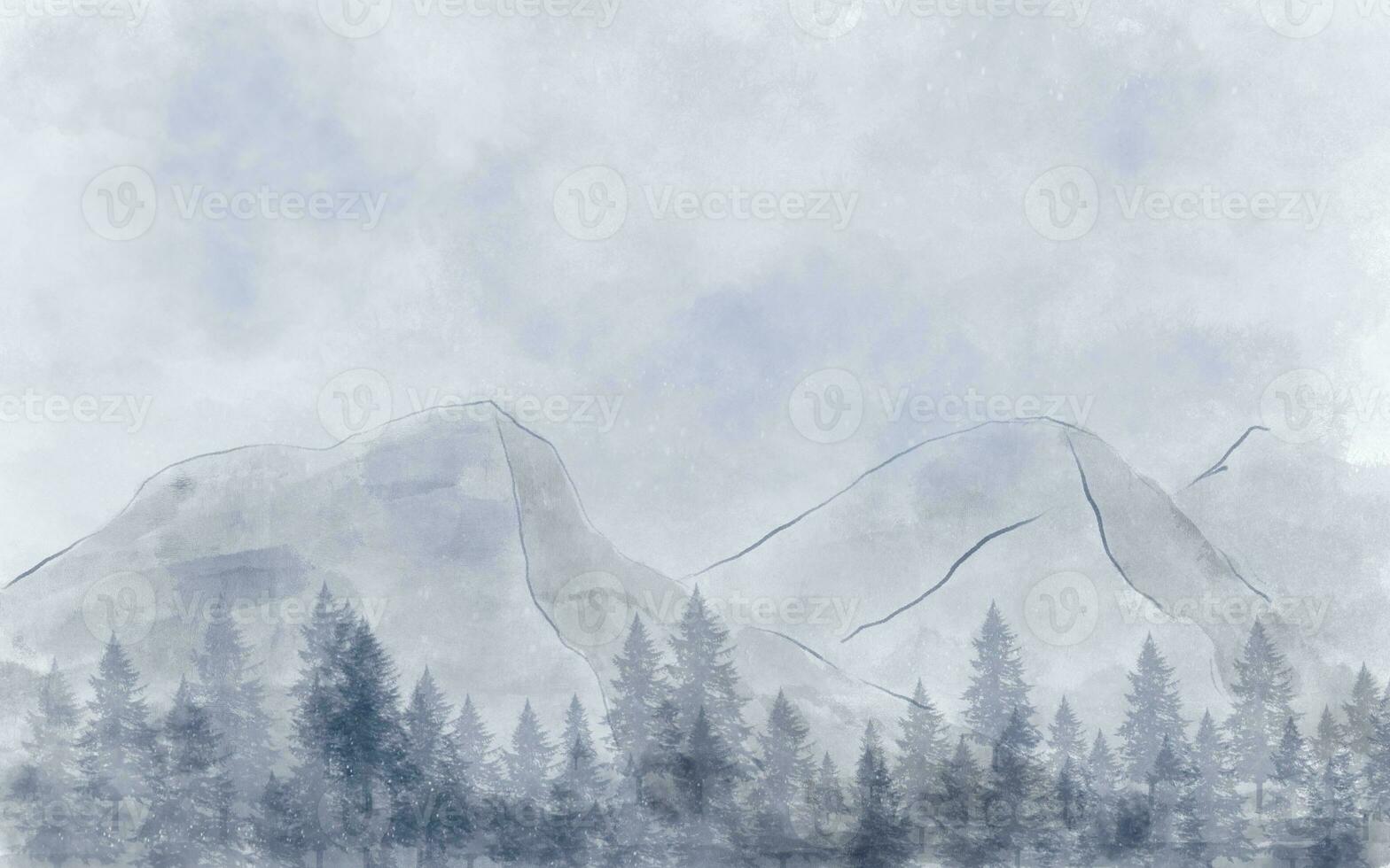 Landscape, pine forest and mountains. Hand drawn illustrations. Snowy atmosphere in winter. There is copy space for designs. Christmas and New Year festival. photo