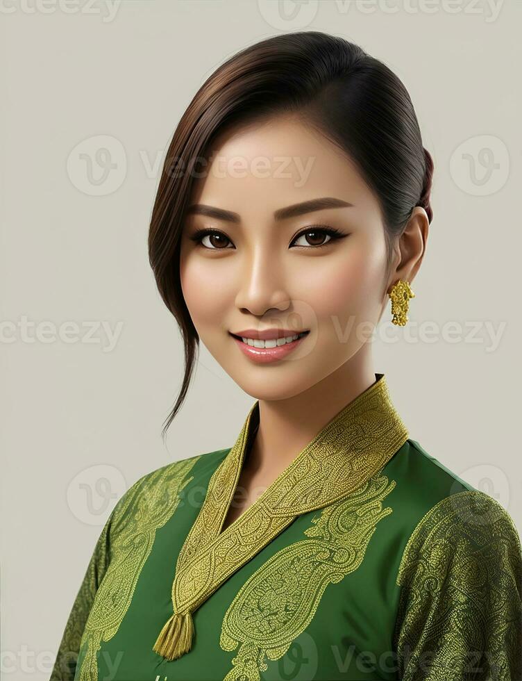 AI Generative, smiling young businesswoman in beige suit looking at camera over white background photo