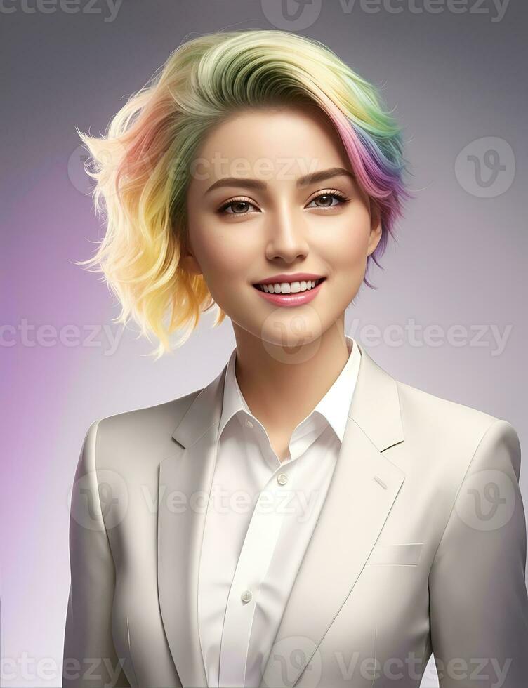 AI Generative, smiling young businesswoman in beige suit looking at camera over white background photo