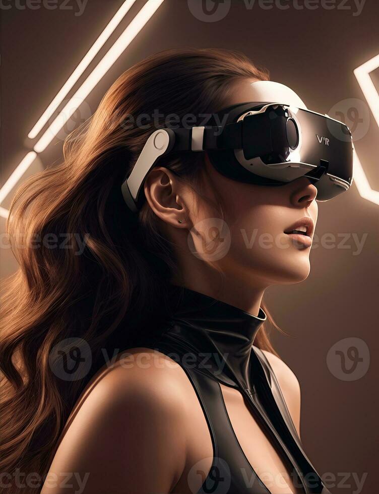 AI Generative, woman having fun in virtual reality, VR glasses photo