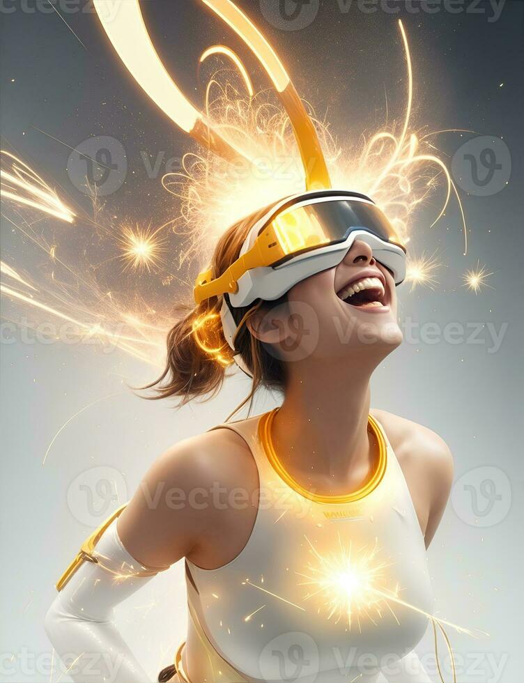 AI Generative, woman having fun in virtual reality, VR glasses photo