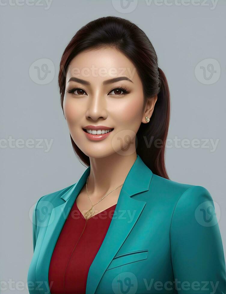 AI Generative, smiling young businesswoman in beige suit looking at camera over white background photo