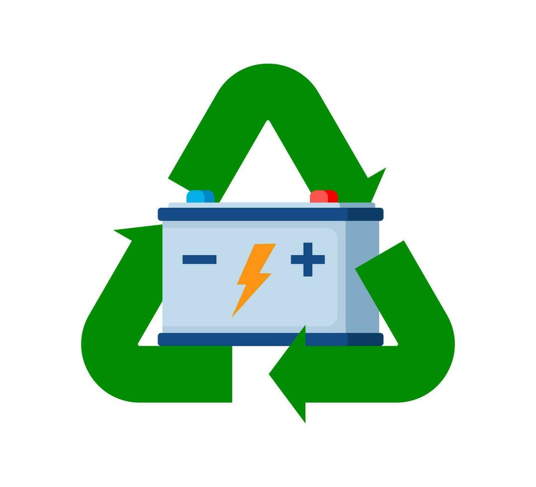 Used car battery with green recycling symbol. Waste Electrical and Electronic Equipment. Garbage sorting. Zero waste, environment protection concept. Vector illustration.