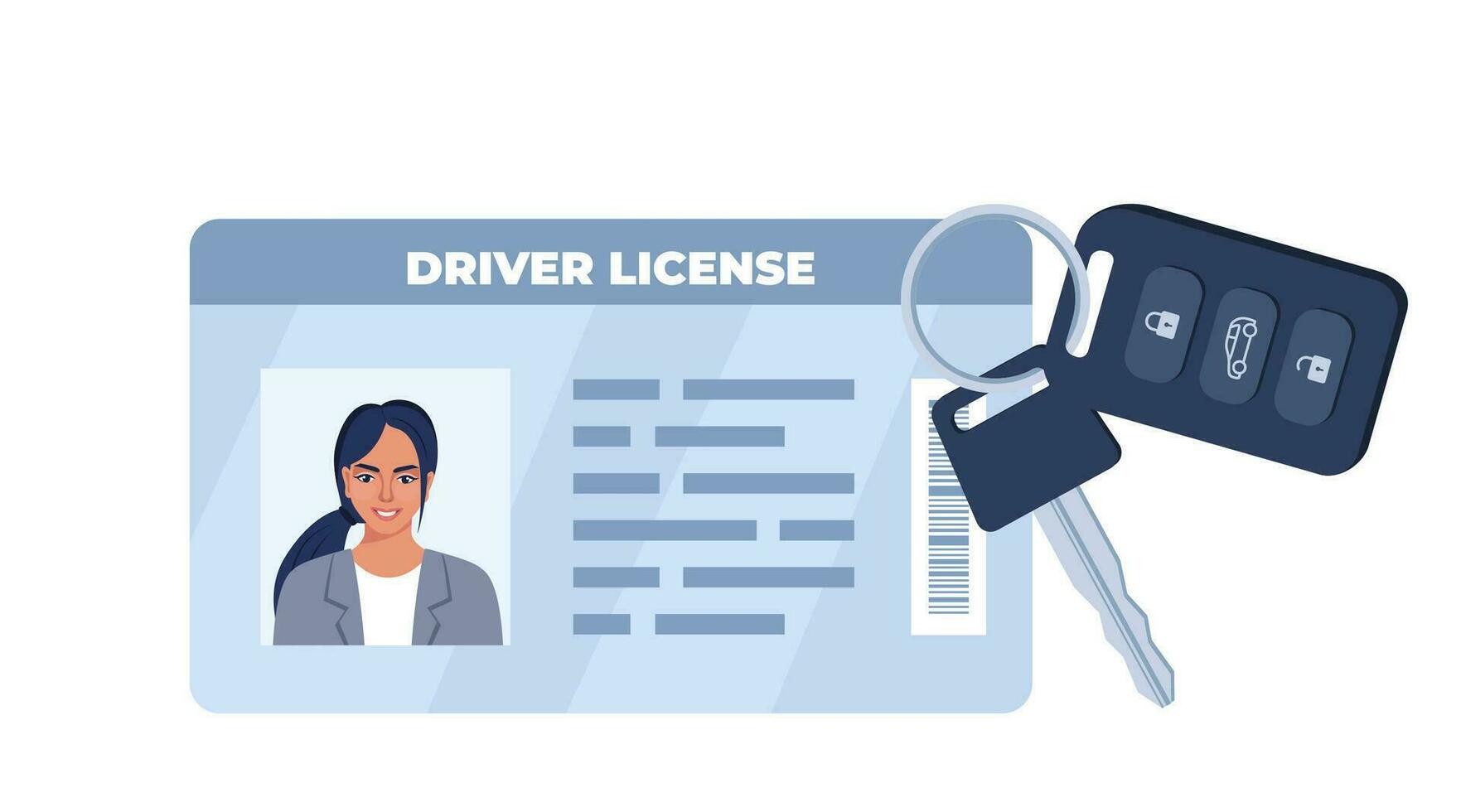 Driver License ID card and Car key with Charm of the alarm system. Personal info data. Identification document with person photo. Driver's license. Vector illustration.