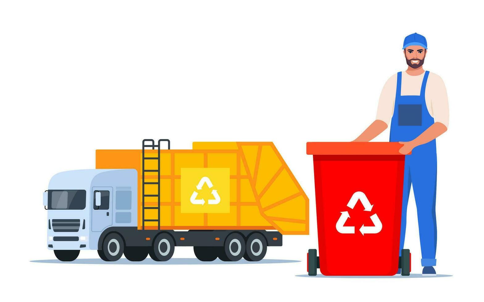Garbage truck and sanitation worker. Garbage man in uniform with trash bin and recycling symbol on it. Garbage sorting. Zero waste, environment protection concept. Vector illustration.