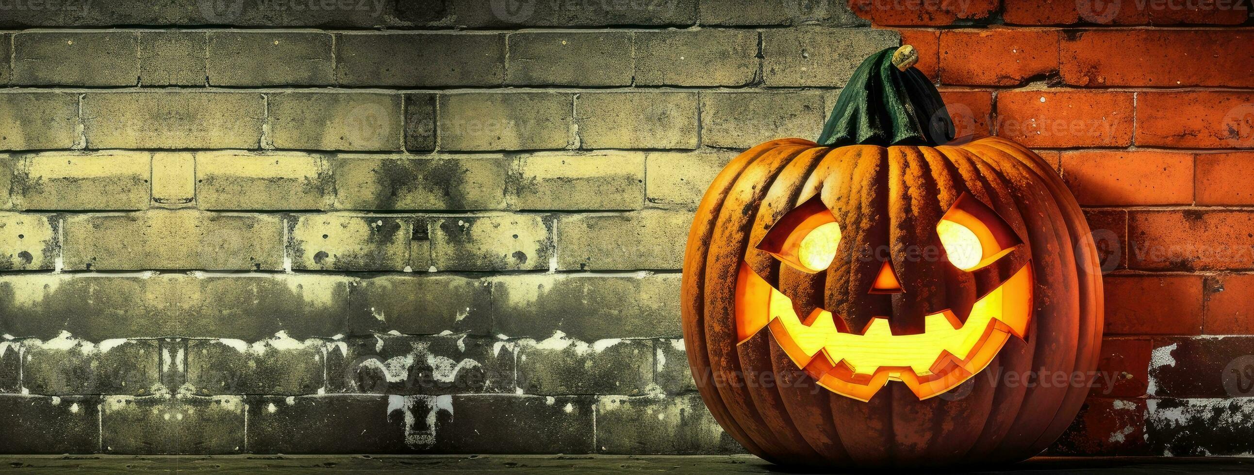 AI Generative, jack o lantern  on a brick wall for halloween day celebration photo