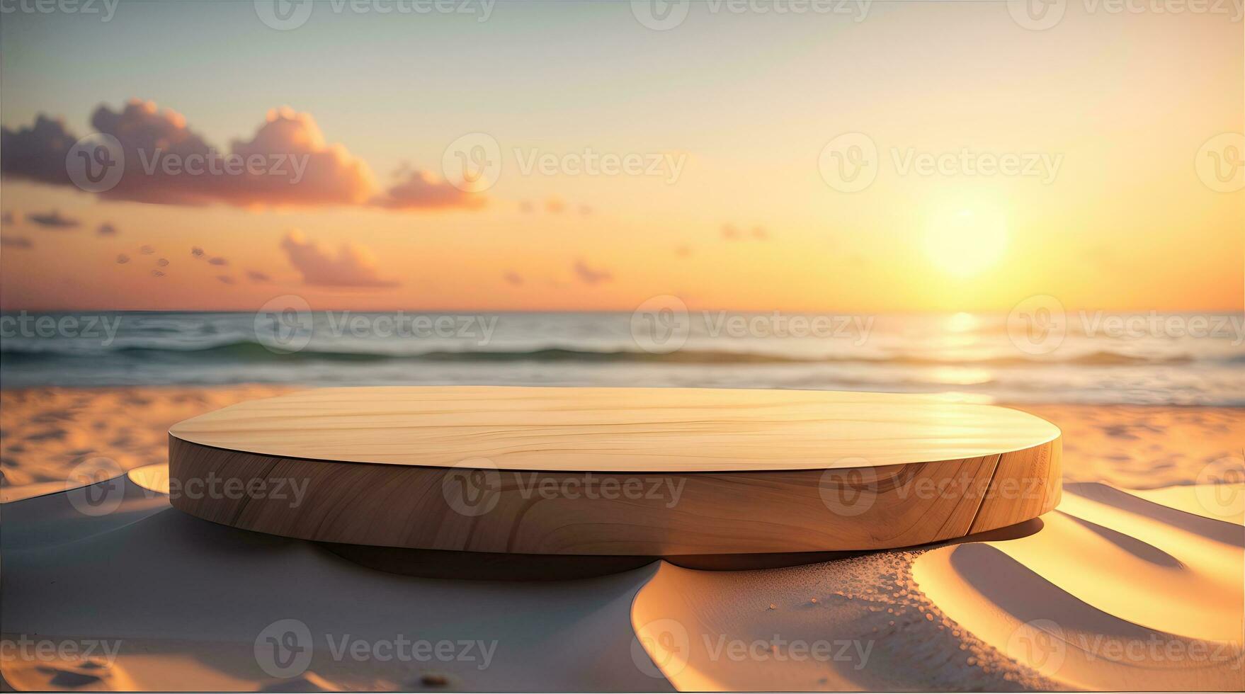AI Generative, Empty rounded wooden podium product display on white sand beach over the ocean photo