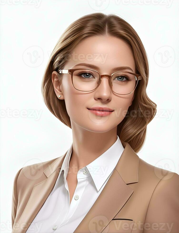 AI Generative, smiling young businesswoman in beige suit looking at camera over white background photo