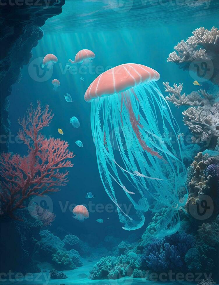 Wonderful and beautiful underwater world with jellyfish, corals and tropical fish, AI Generative photo