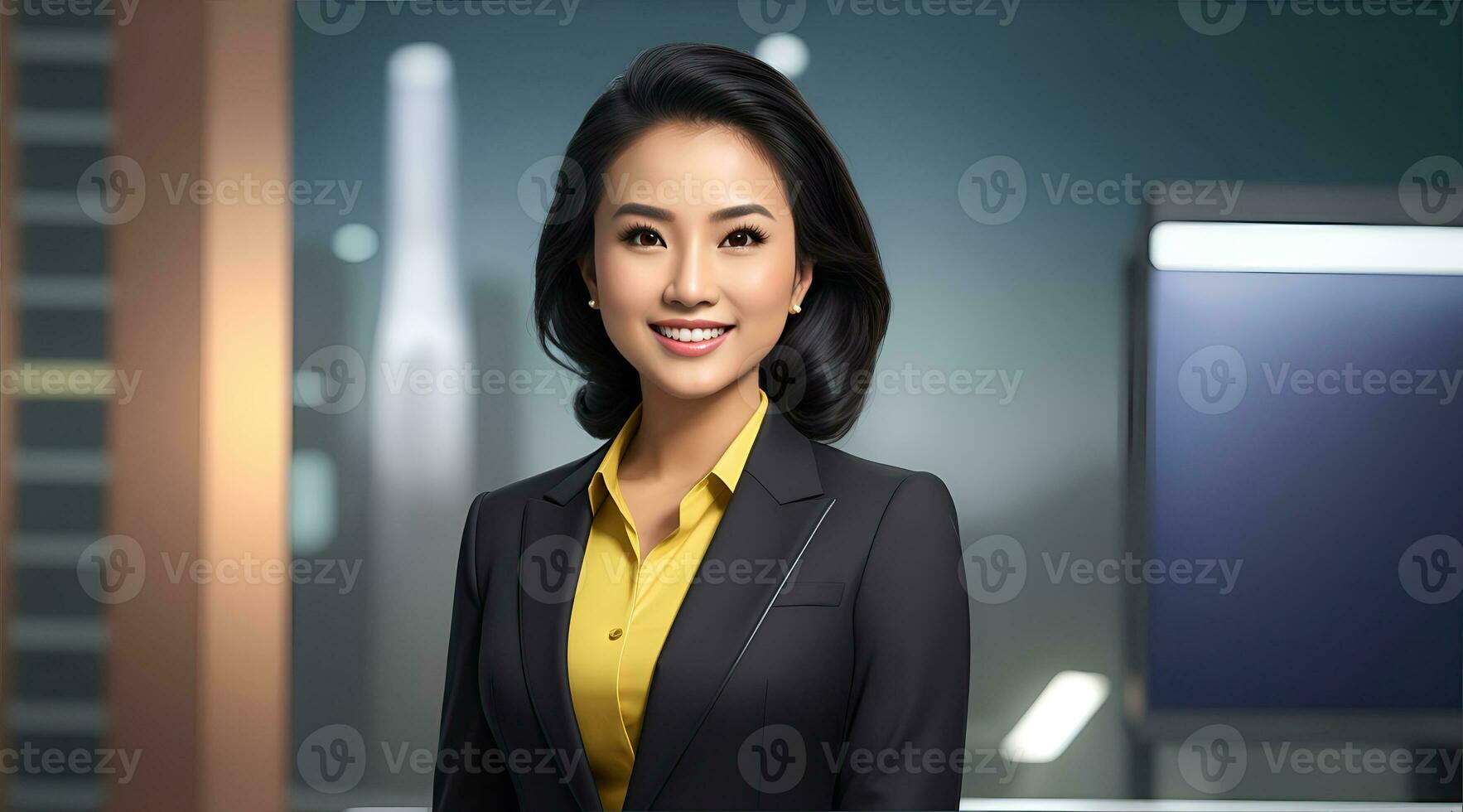 a photo of a tv news female presenter on a popular channel. live stream broadcast on television. AI Generative