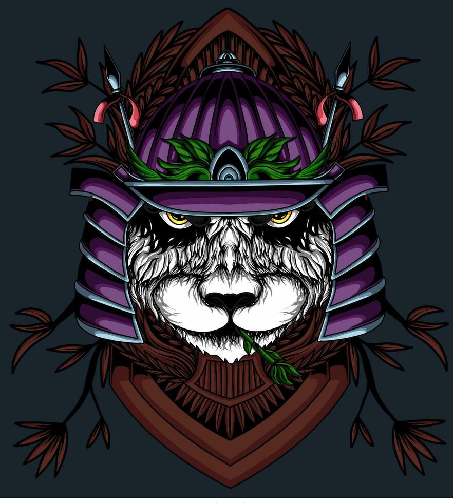 an illustration of a samurai panda head with a plant frame vector