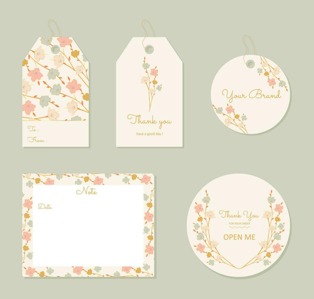 set of hang tags, note card, thank you sticker label with aesthetic vintage flowers, suitable for gift packaging, branding design and other project for your small business vector