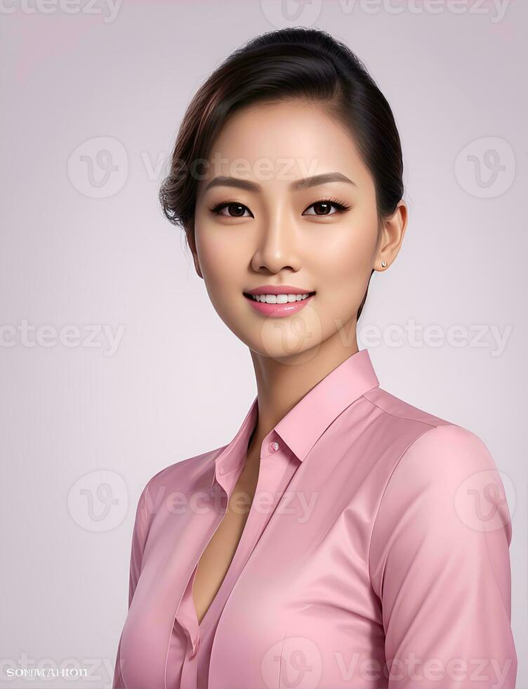 AI Generative, smiling young businesswoman in beige suit looking at camera over white background photo