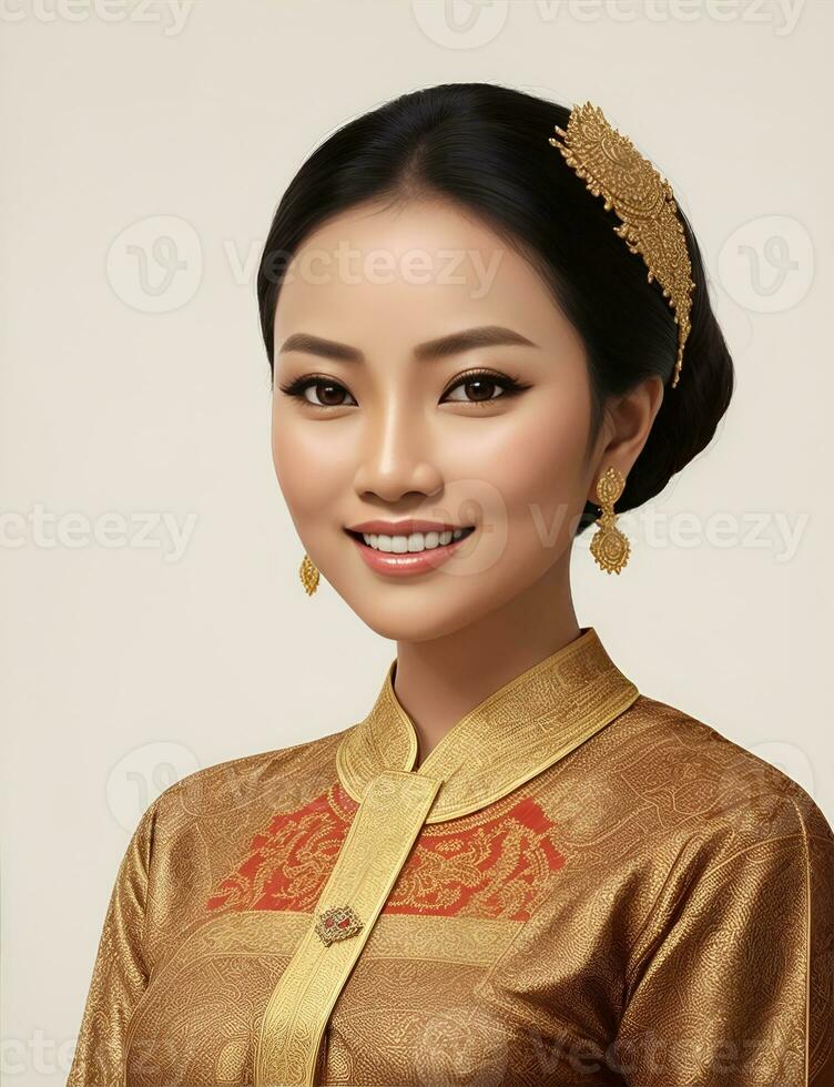 AI Generative, smiling young businesswoman in beige suit looking at camera over white background photo