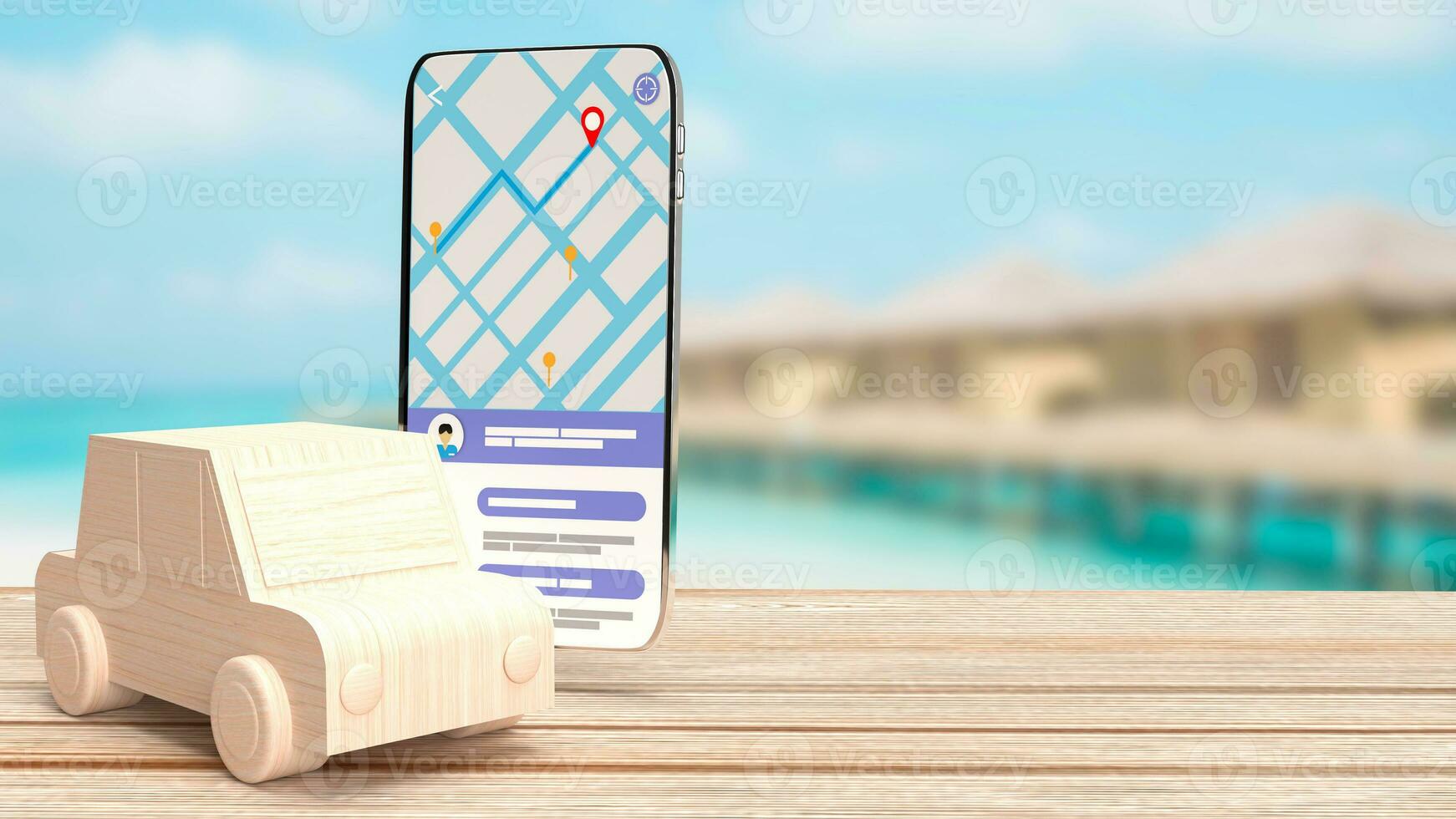 The wood car and mobile for navigator app concept 3d rendering photo