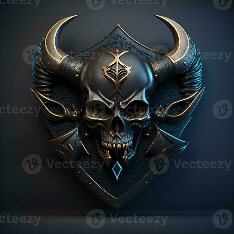 AI Generative, 3d illustration of a skull with horns and shield photo