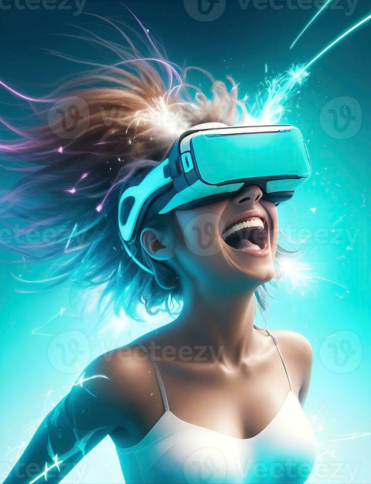 AI Generative, woman having fun in virtual reality, VR glasses photo