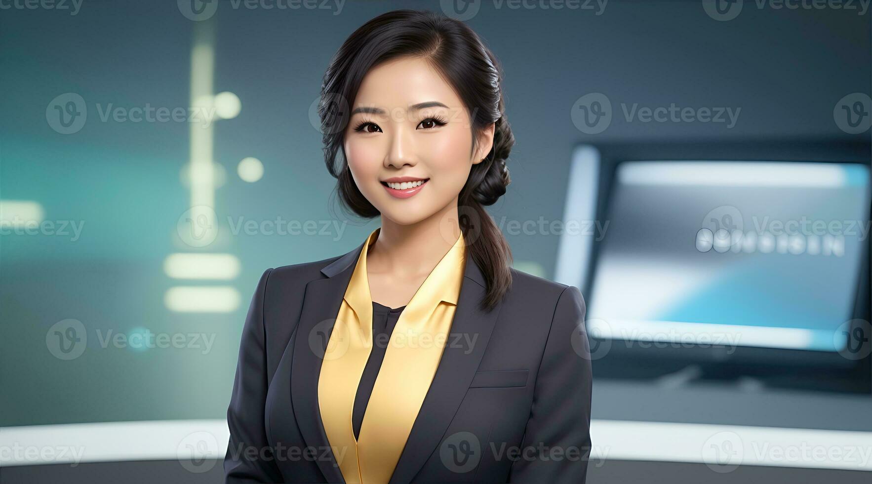 a photo of a tv news female presenter on a popular channel. live stream broadcast on television. AI Generative