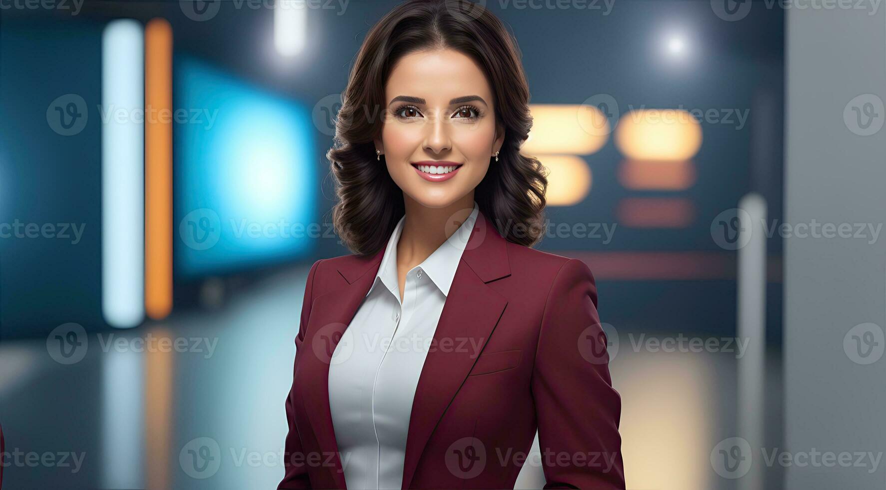 a photo of a tv news female presenter on a popular channel. live stream broadcast on television. AI Generative