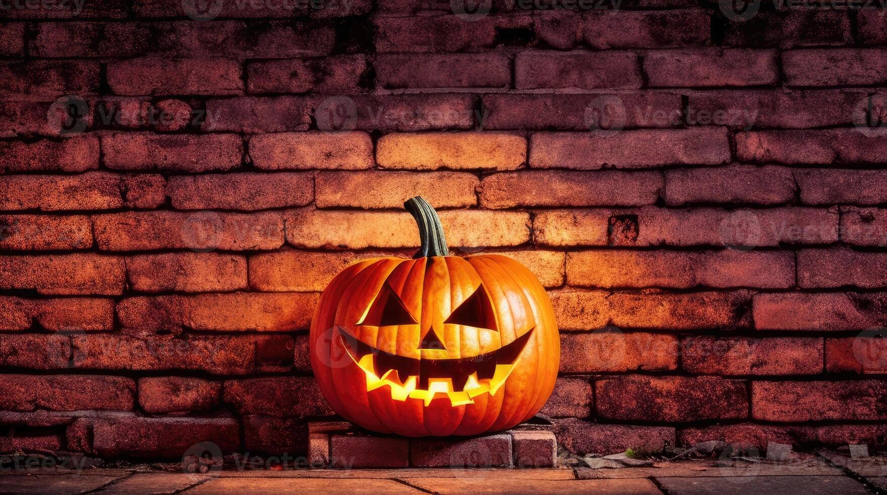 AI Generative, jack o lantern  on a brick wall for halloween day celebration photo