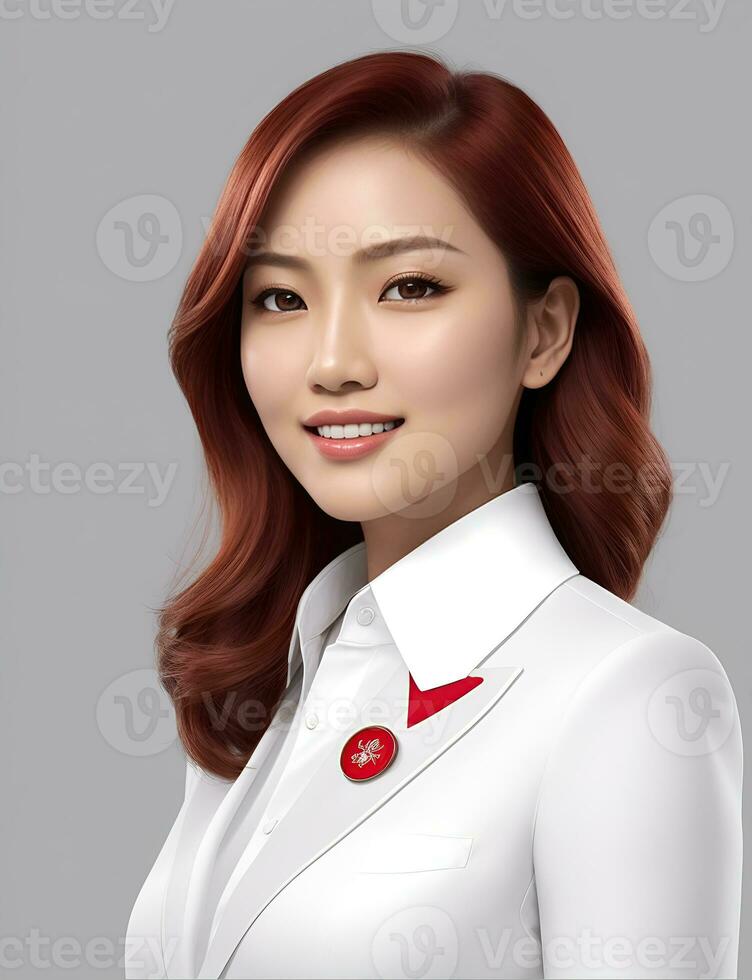 AI Generative, smiling young businesswoman in beige suit looking at camera over white background photo